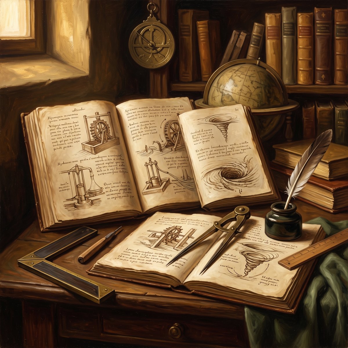 Pintura a óleo de um gabinete renascentista: cadernos abertos com desenhos técnicos, instrumentos de medida, pena e tinteiro