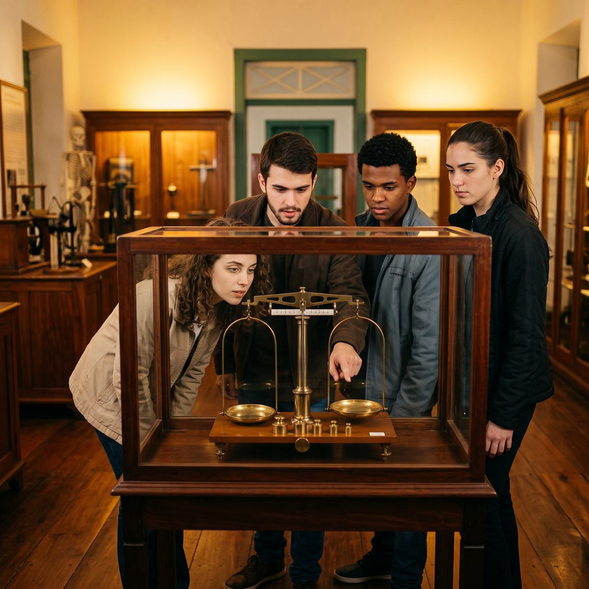 Quatro jovens observam, através de uma vitrine de madeira e vidro, uma balança antiga de dois pratos com seus pesos de latão, num museu