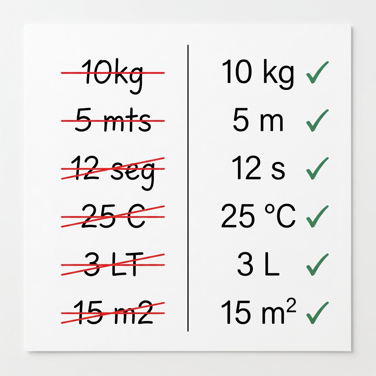 Seis medidas escritas duas vezes: como se costuma escrever e como o SI exige
